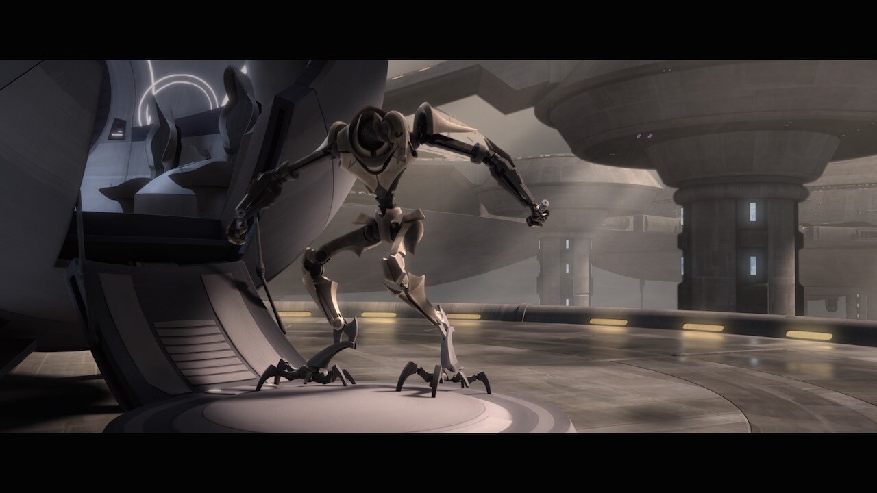 Though not directly seen on screen, General Grievous arrives on the surface amid the debris dropp...