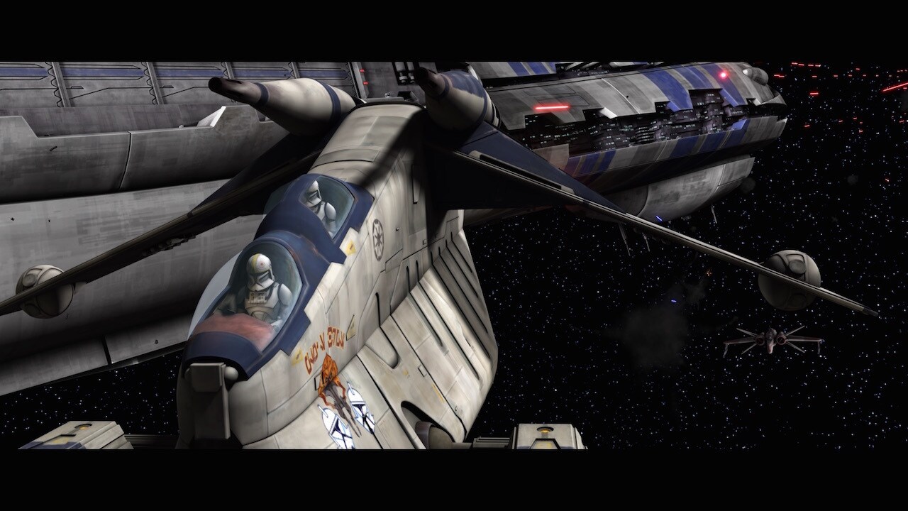 The Plo's Bros gunship that rescues the strike team from Lola Sayu is designated a "space gunship...