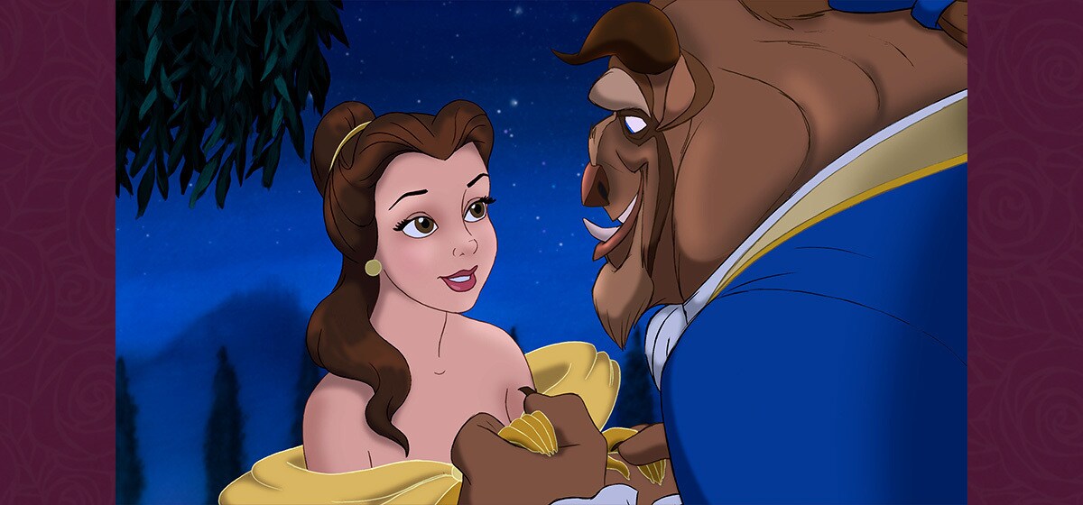 Paige O'Hara as Belle and Robby Benson as Beast in the Disney movie Beauty and the Beast (1991).