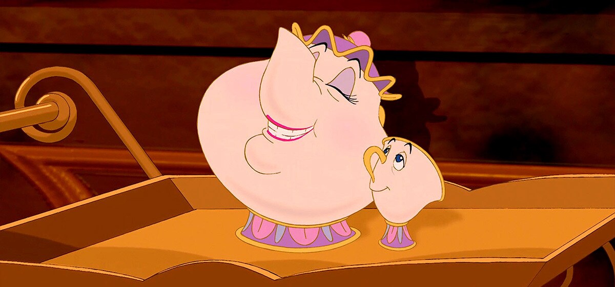 Bradley Pierce as Chip and Angela Lansbury as Mrs. Potts in the Disney movie Beauty and the Beast (1991).