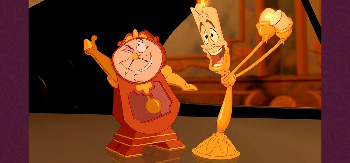 Jerry Orbach as Lumiere and David Ogden Stiers as Cogsworth/Narrator in the Disney movie Beauty and the Beast (1991).