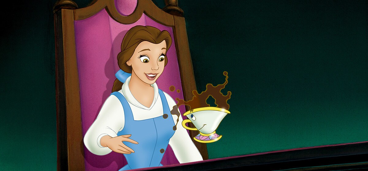 Paige O'Hara as Belle and Bradley Pierce as Chip in the Disney movie Beauty and the Beast (1991).