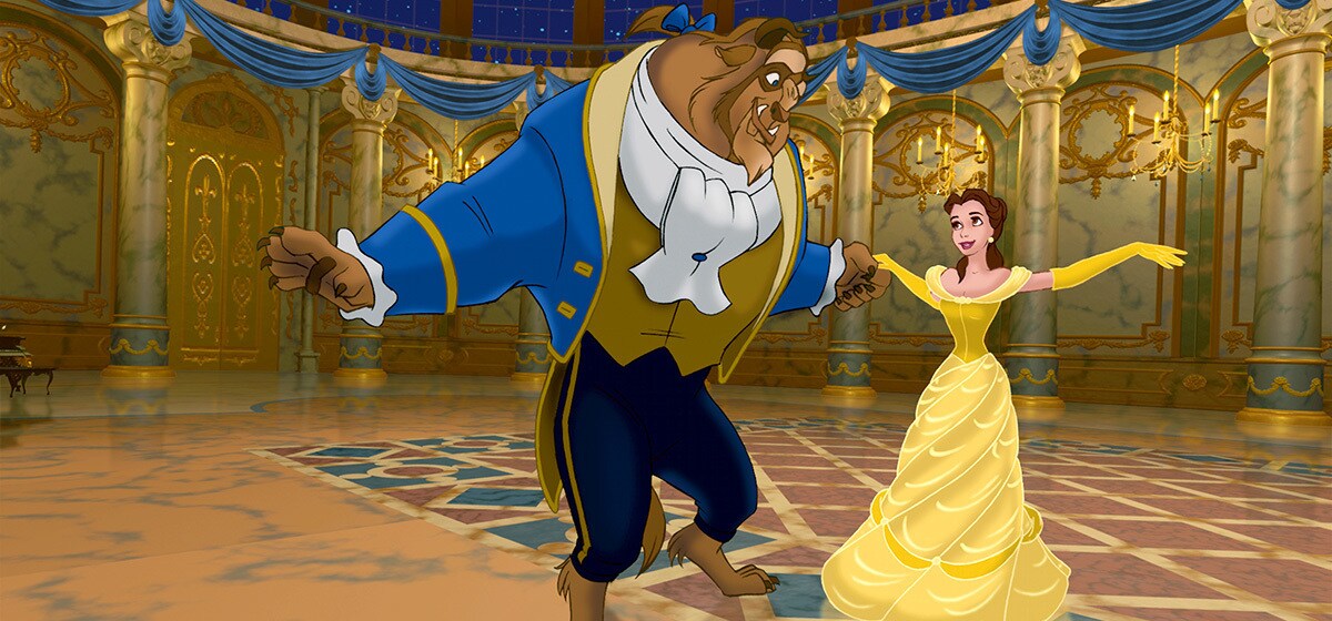 Paige O'Hara as Belle and Robby Benson as Beast in the Disney movie Beauty and the Beast (1991).