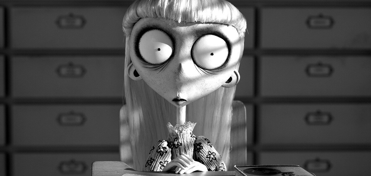 Strange girl voiced by Catherine O'Hara sitting in classroom in the movie Frankenweenie