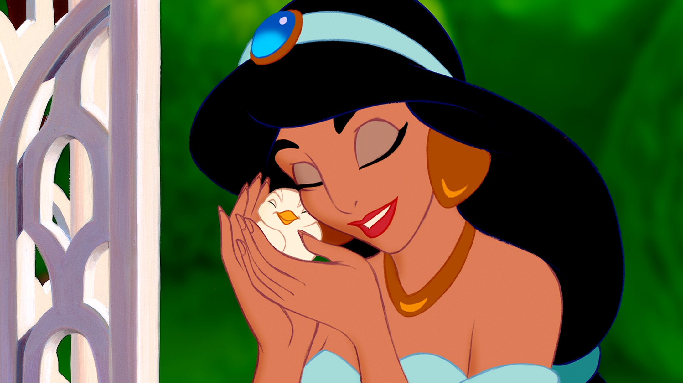 Disney Princess Jasmine petting a small bird. 