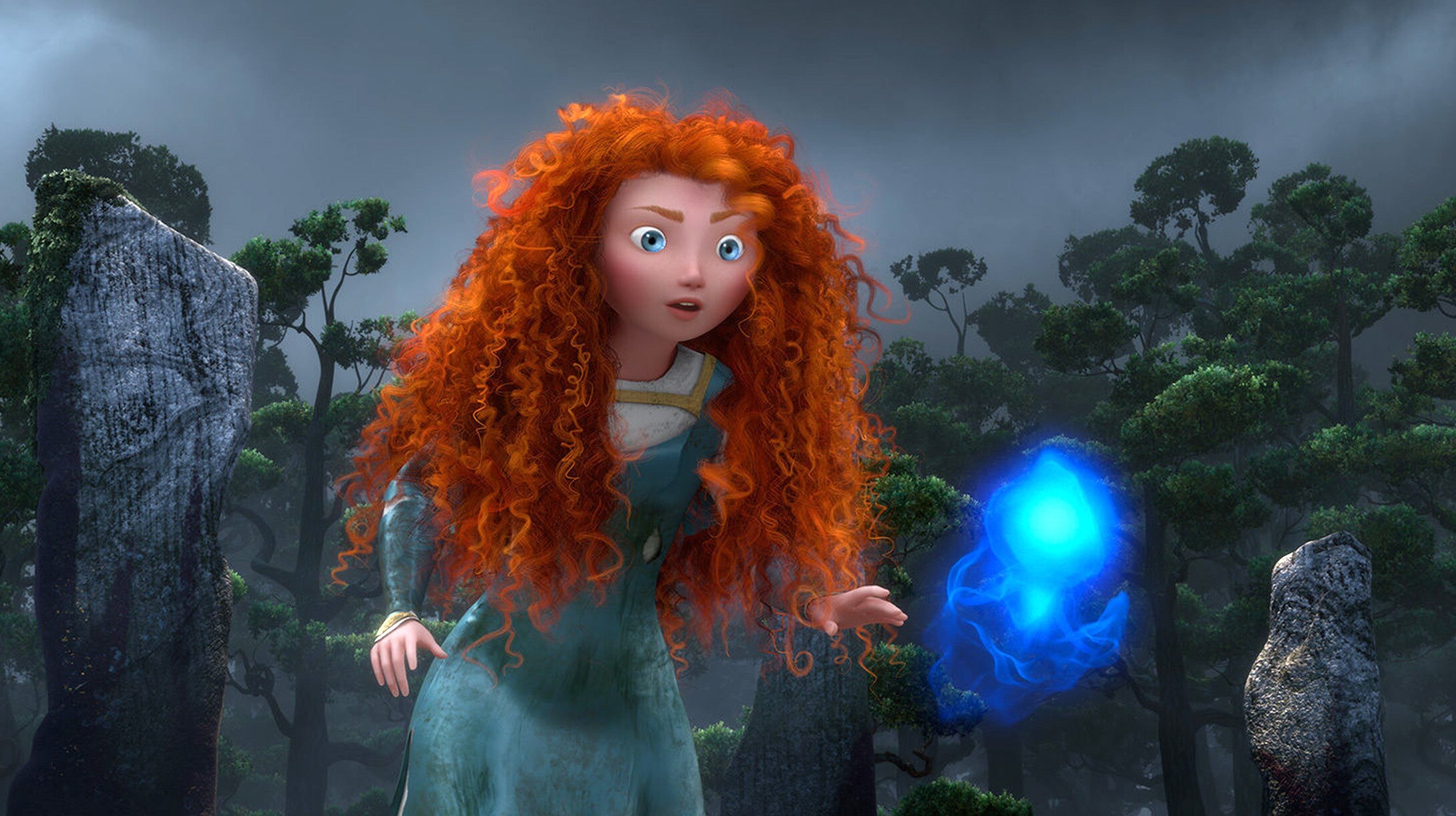 Merida spotting a wisp in the forest. 