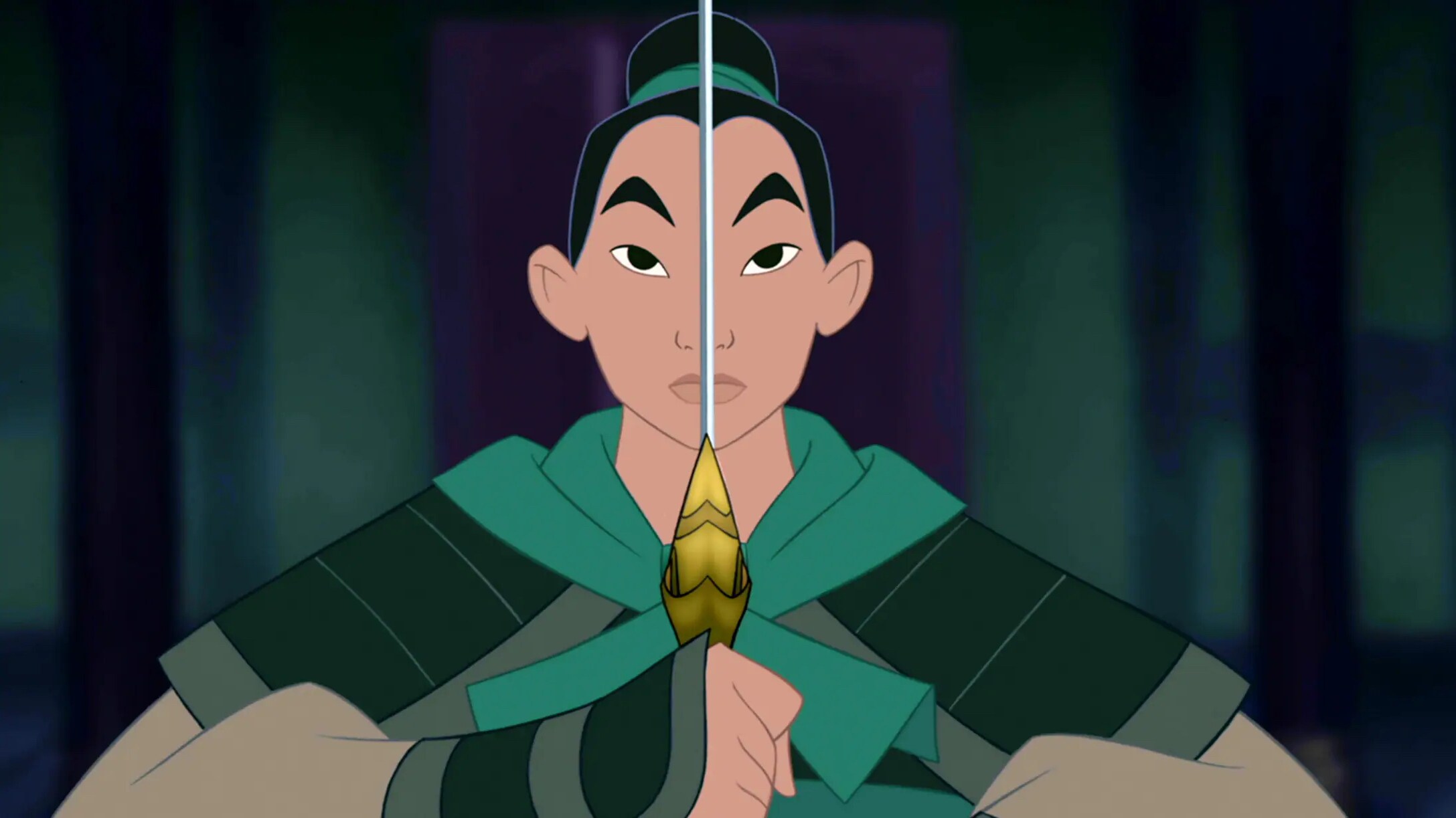 Mulan making the brave choice to take her father's place in the war.