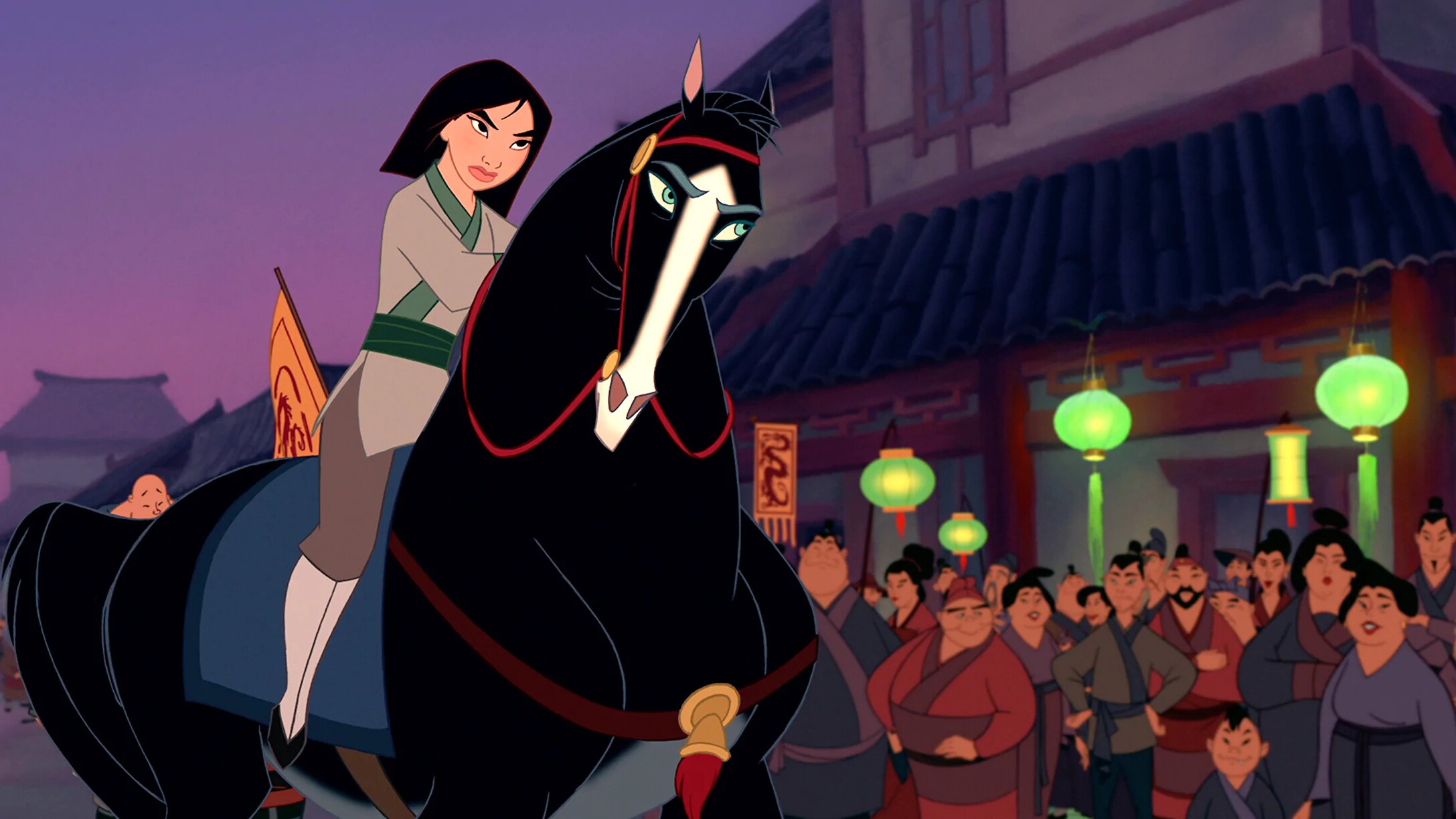 Mulan riding into the city to warn her friends about the Huns.