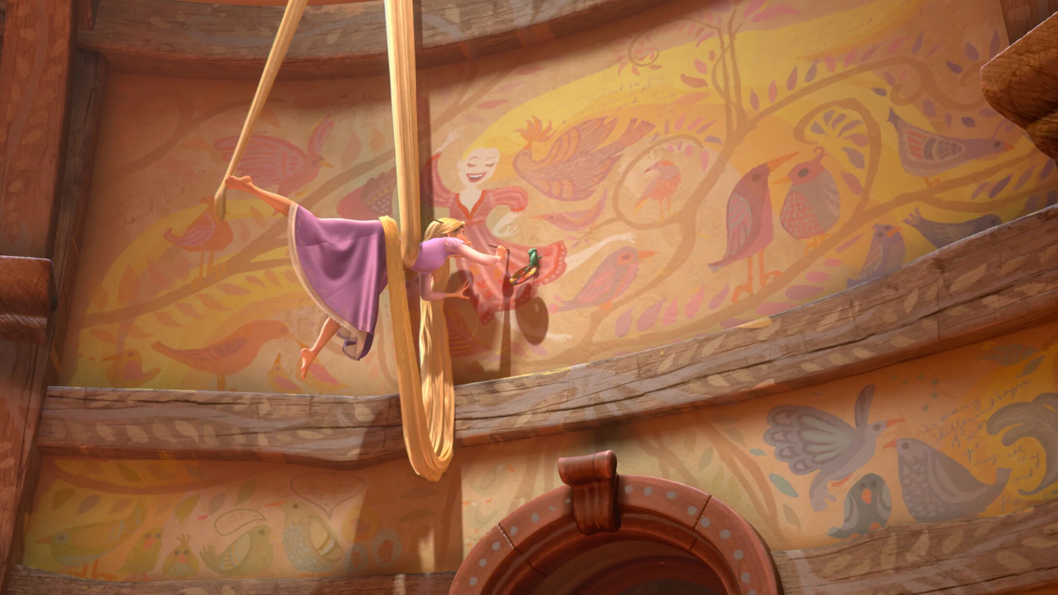 Rapunzel painting her tower with Pascal.