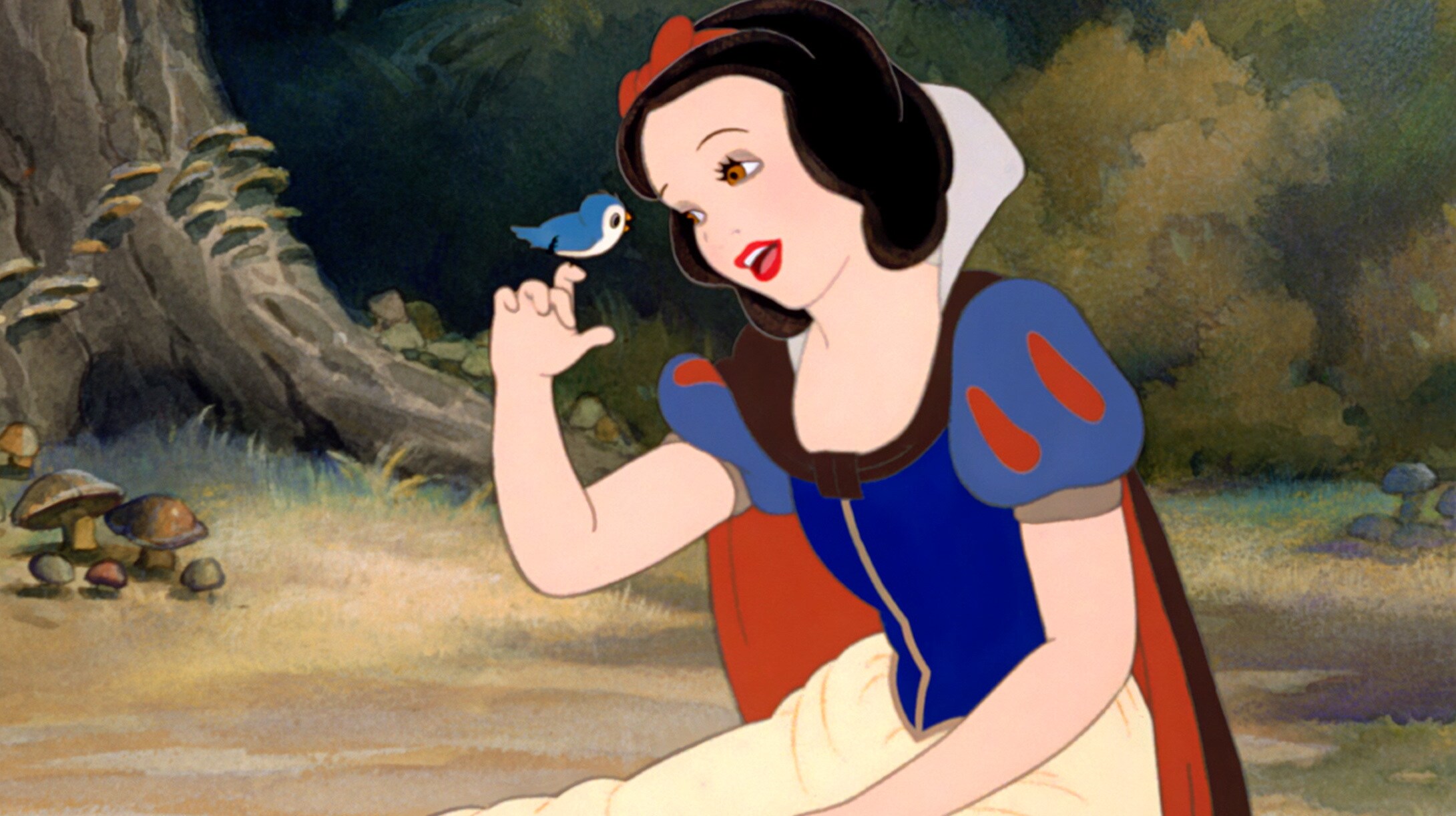 Snow White singing to a bird in the forest. 
