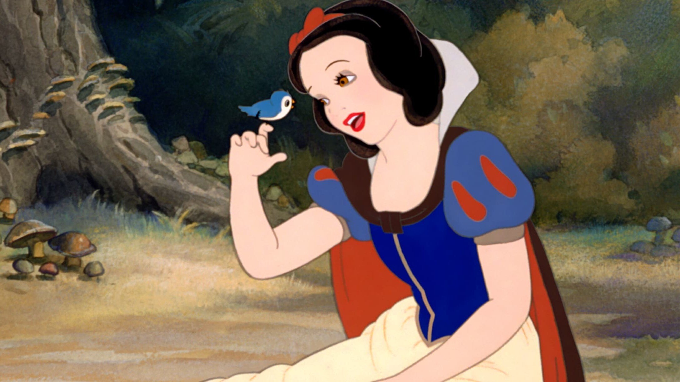 Snow White singing to her animal friends in the forest.