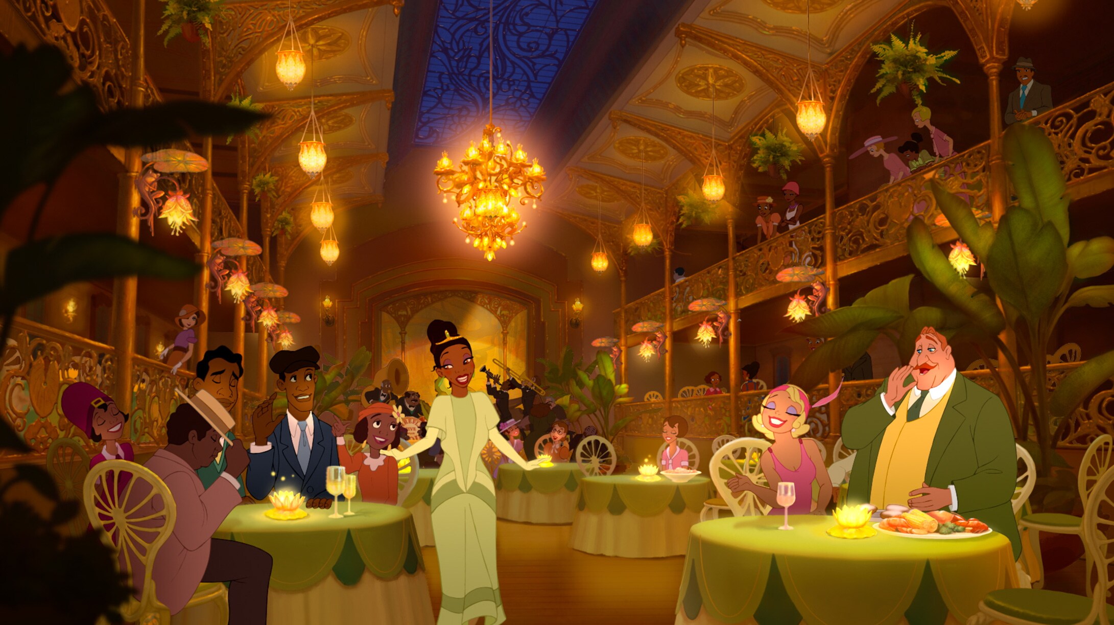 Где происходит действие мультфильма. Принцесса лягушка Дисней. Новый Орлеан принцесса и лягушка. Принцесса и лягушка Тиана в кафе.