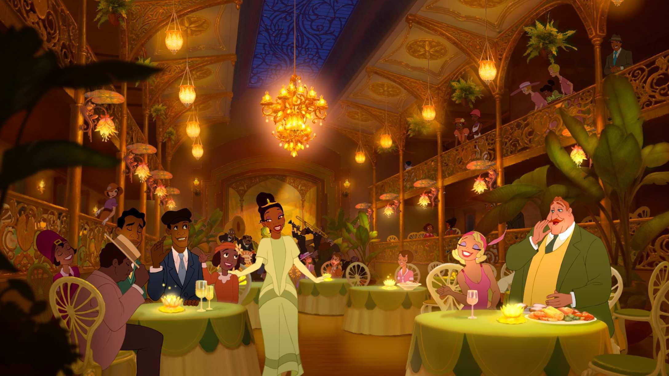 Tiana walking around her restaurant, Tiana's Palace.