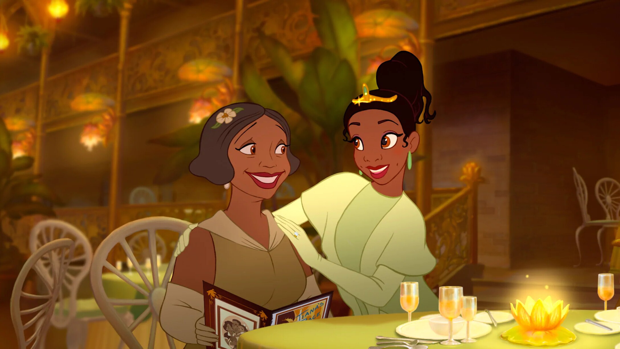 Tiana greeting her mom in her dream restaurant.