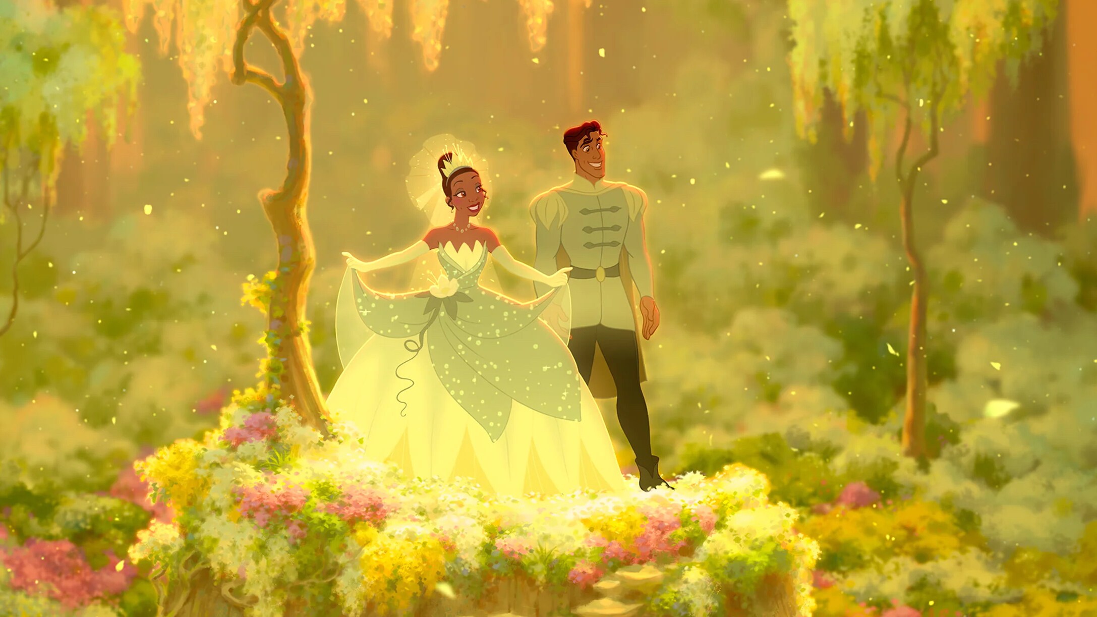 Tiana and Naveen getting married in the bayou.