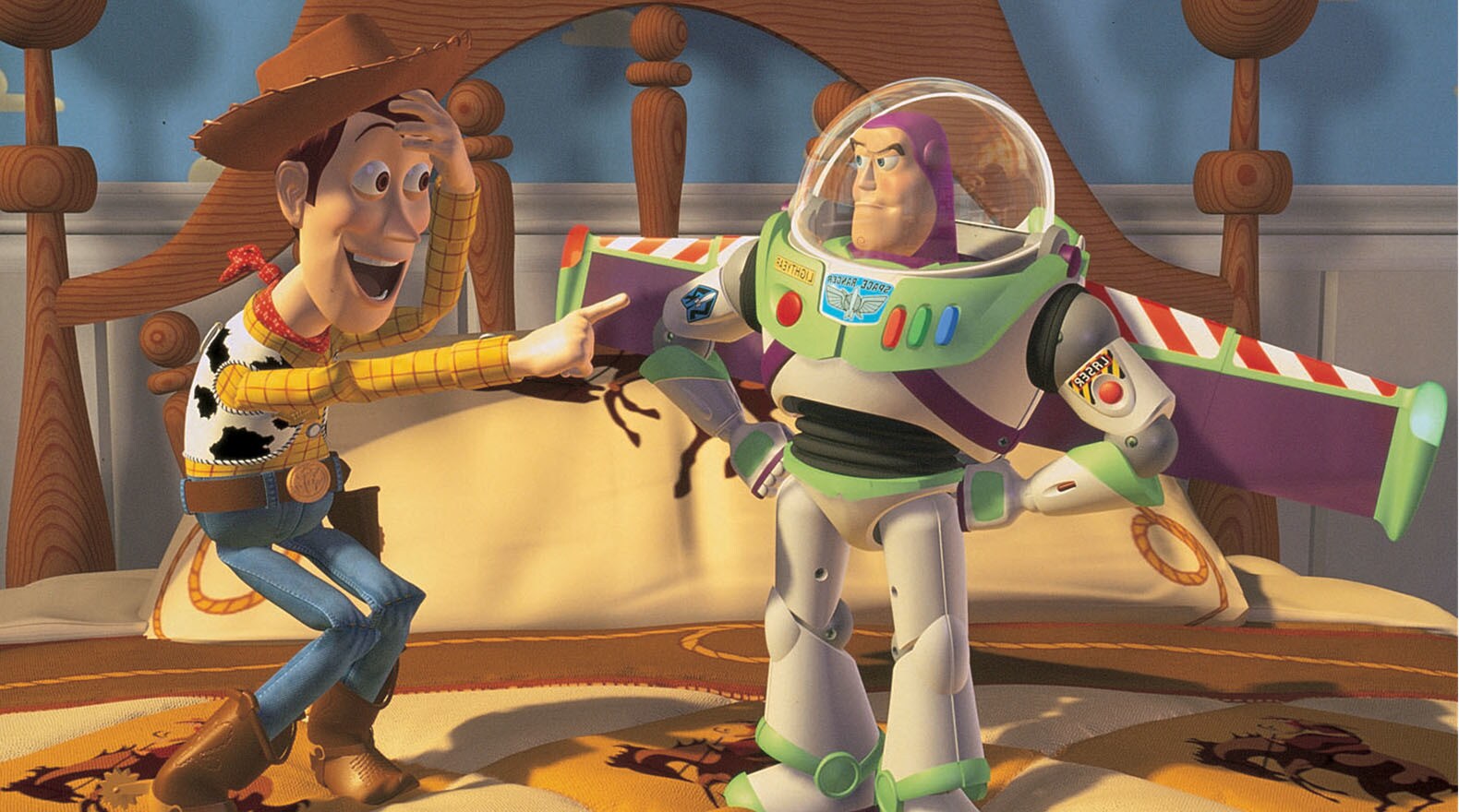 Woody and Buzz in a still from Toy Story (1995)