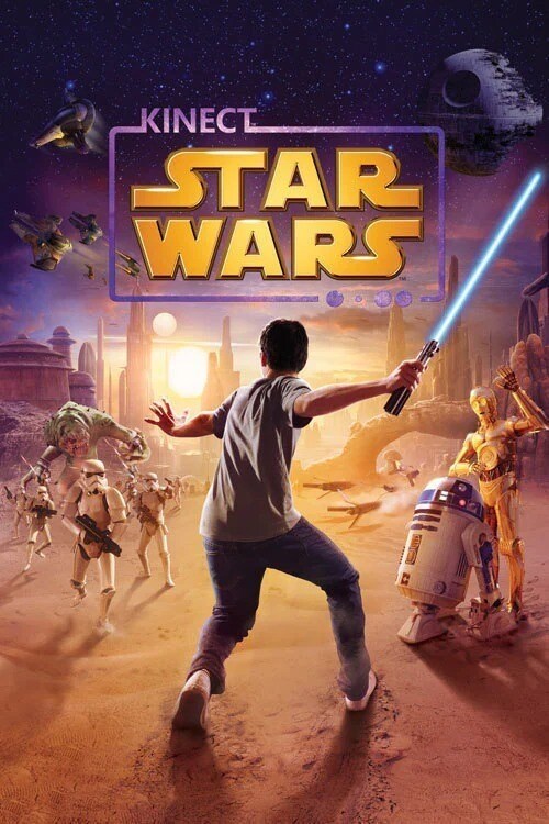Kinect Star Wars XBOX poster image of child posing with a light saber in front of C-3P0 and R2D2