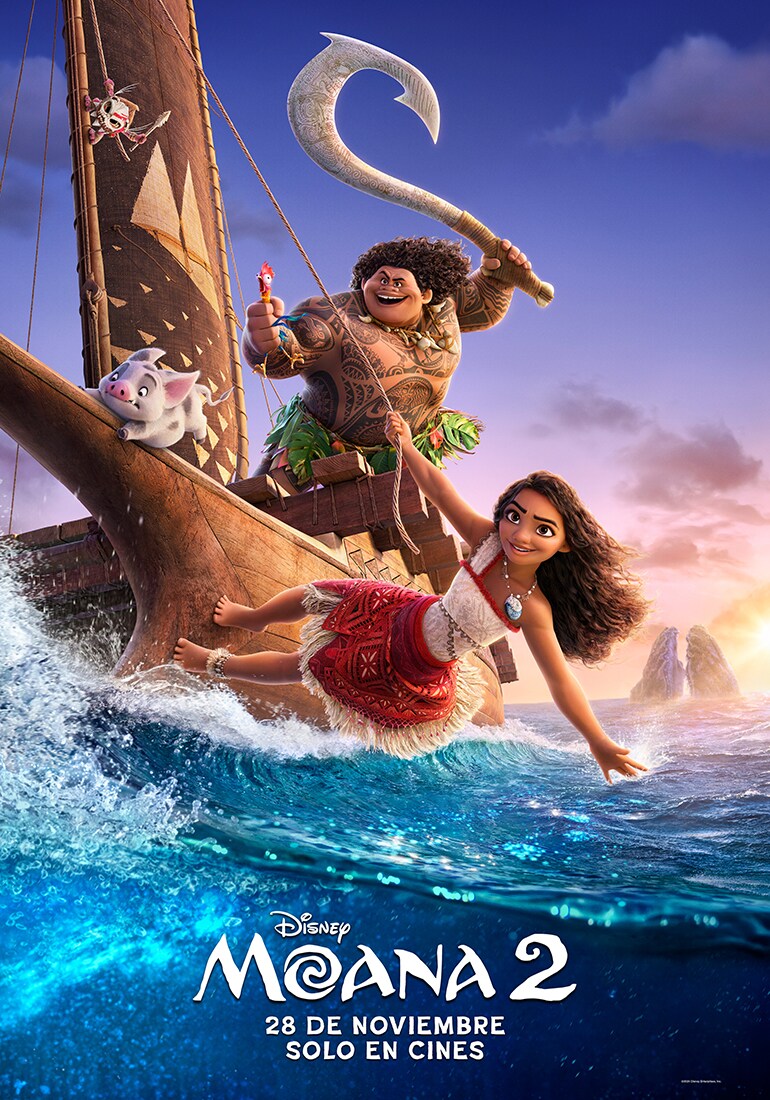 Portada de la película Moana 2: Moana y Maui en una canoa sobre el océano al atardecer, con una isla tropical de Fondo.