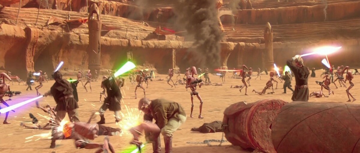 Jedi Knights fighting Separatist Battle Droids during the Battle of Geonosis