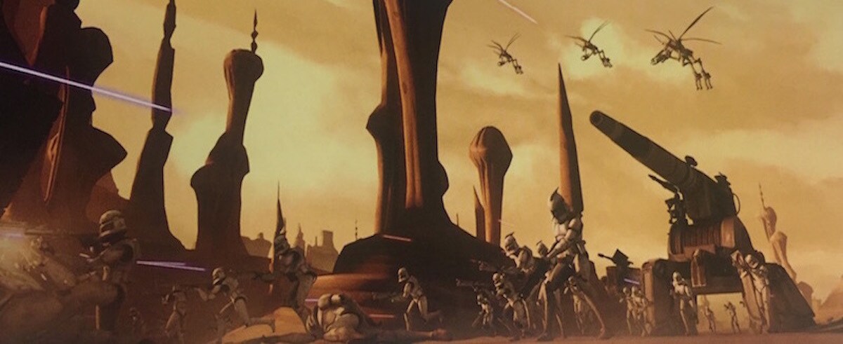 Republic forces fighting Geonosians during the second Battle of Geonosis