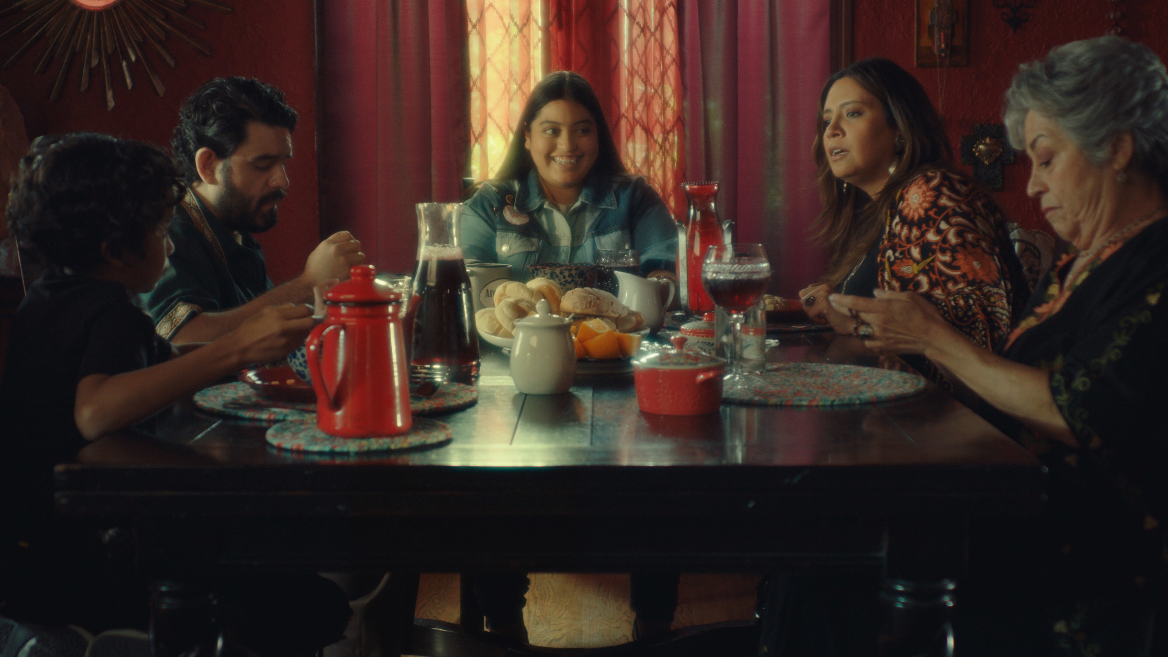 (L-R): Yonas Kibreab as Javier Garcia, Sean Burgos as Danny Garcia, Keyla Monterroso Mejia as Val Garcia, Cristela Alonzo as Lupe Garcia and Terri Hoyos as Cuca Garcia in Disney’s “LAUNCHPAD” Season One short, “GROWING FANGS,” Written and Directed by Ann Marie Pace. Photo courtesy of Disney. © 2021 Disney Enterprises, Inc. All Rights Reserved.
