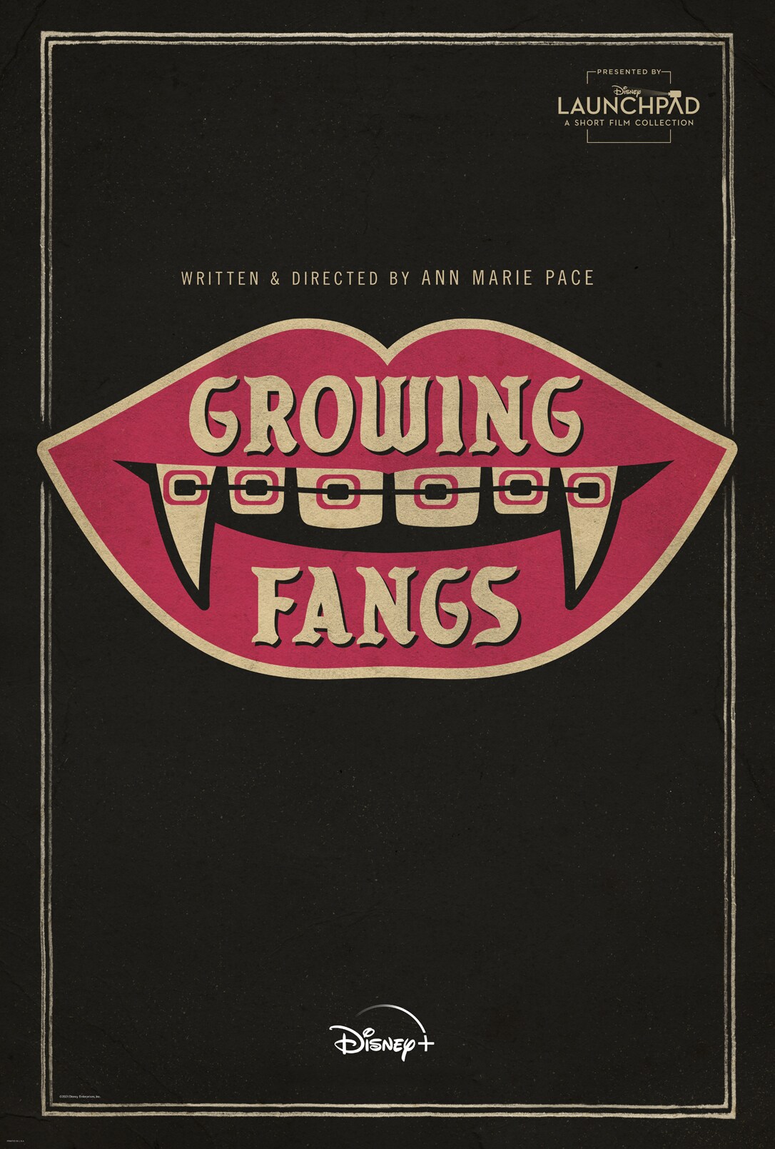 Logo for "Growing Fangs": A mouth with vampire fangs and braces