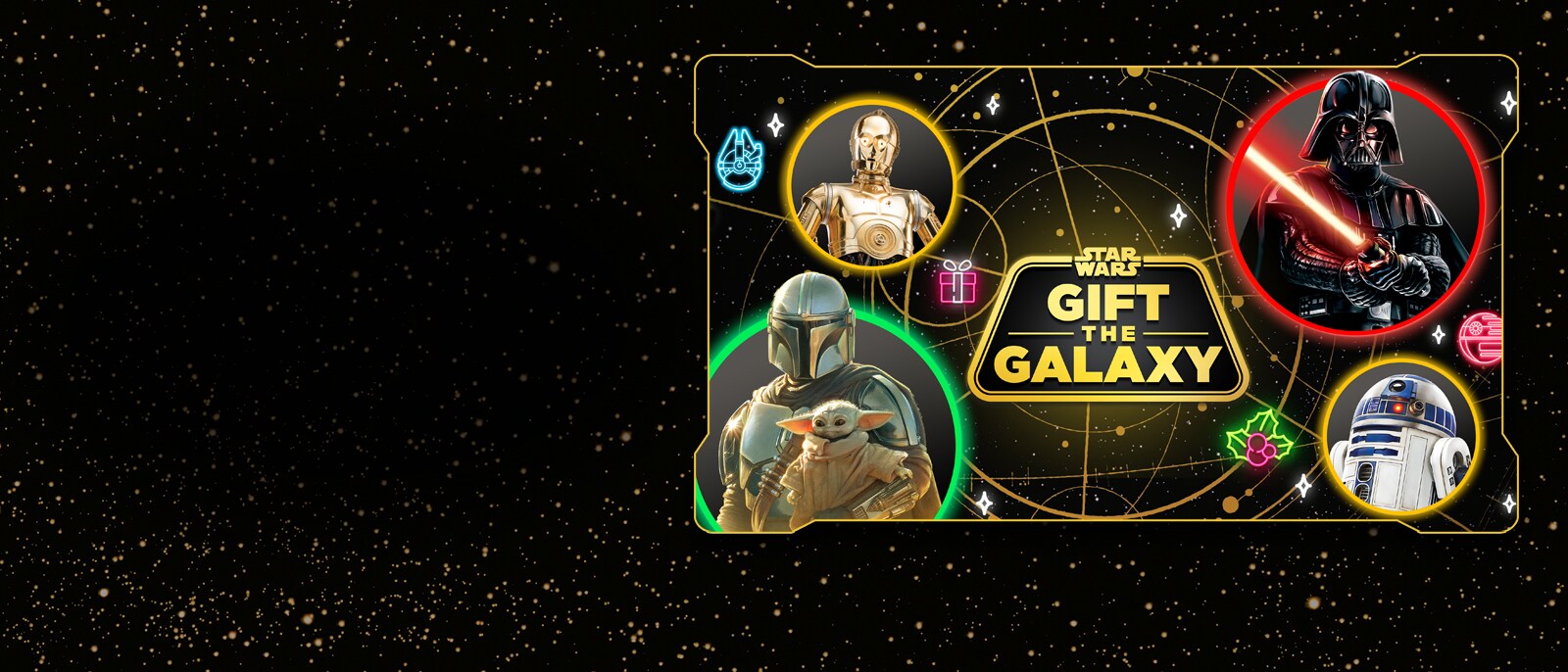 Gift the Galaxy logo and a collage of Star Wars products