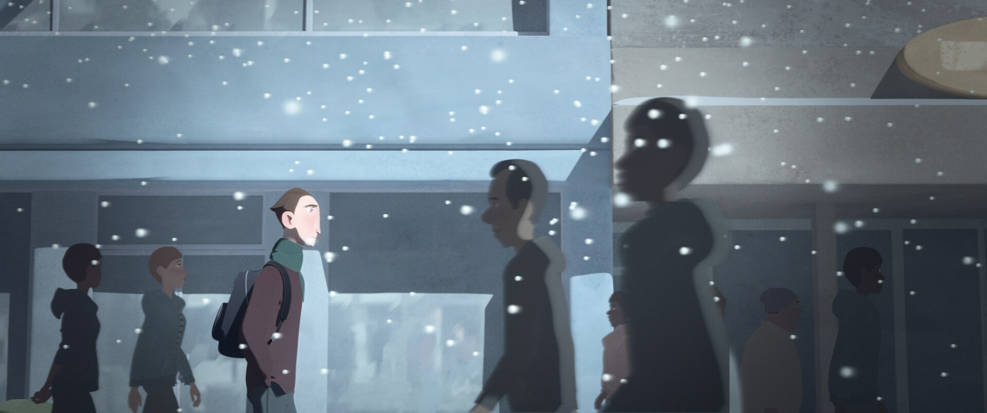 Character from Going Home short walking in the snow