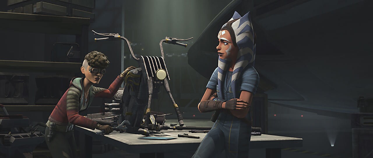 Trace toils on Ahsoka's bike, and finally offers to do the work for free. They chat, and Ahsoka t...