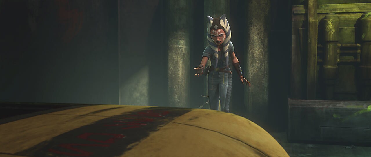 Just in time, Ahsoka catches them with the speeder's claws, and quickly attaches its tow cable to...