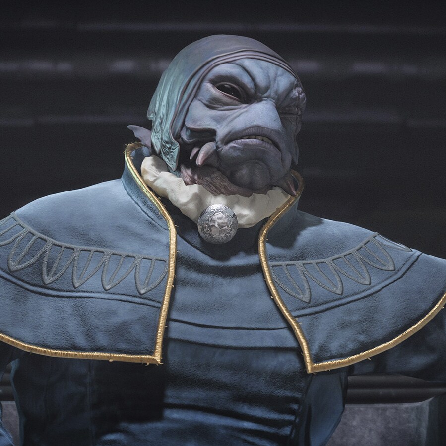 Lucasfilm official portrait of Gorak Palas, the blue-robed Pyke boss