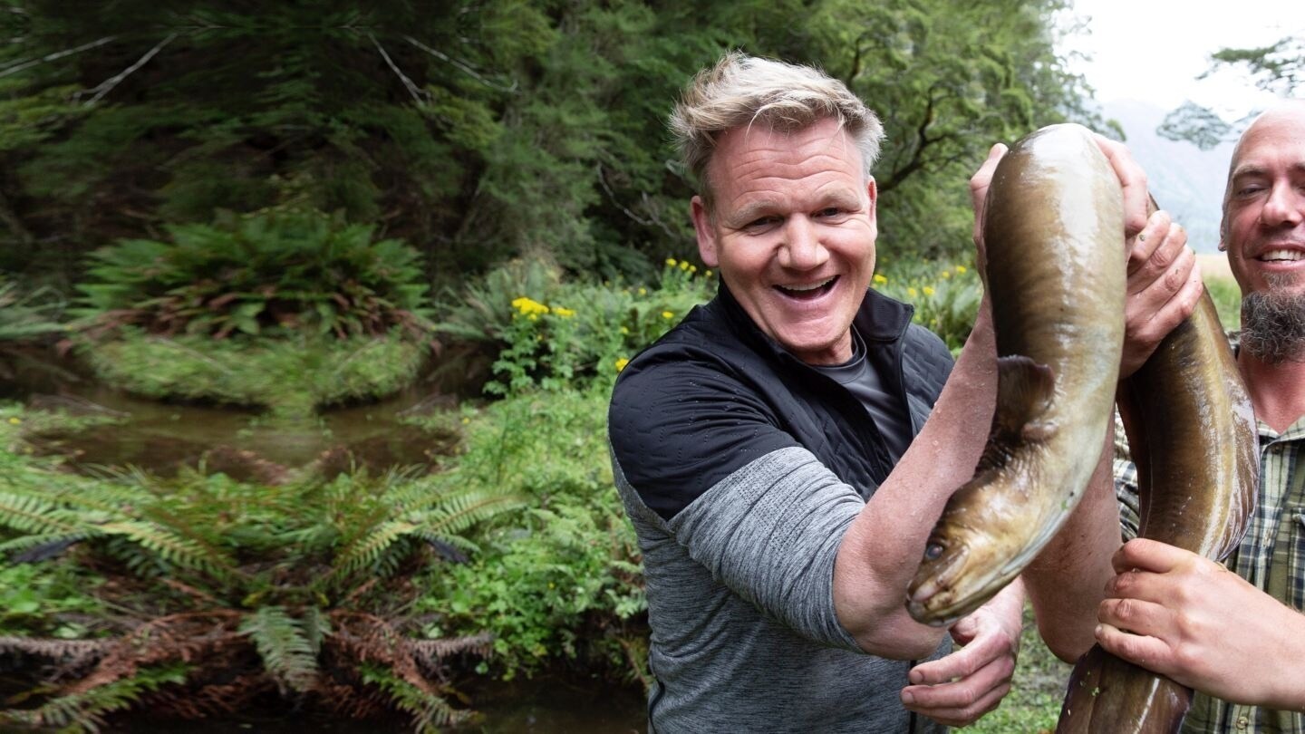 Gordon Ramsay holding a big eel in front of a river and forest