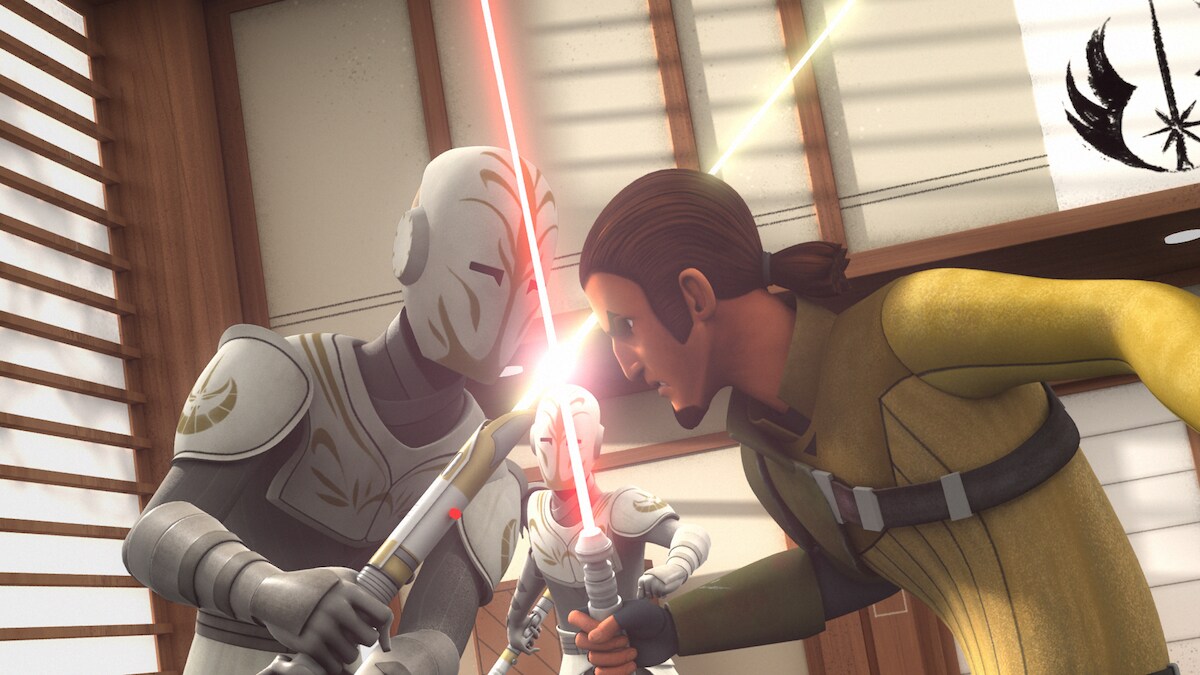 Kanan Jarrus duelling a Jedi Temple Guard