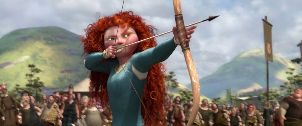 Merida shooting an arrow with a bow, in the animated movie "Brave"