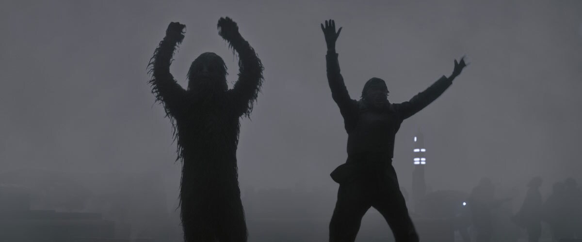 Chewbacca and Han Solo raising their hands in surrender