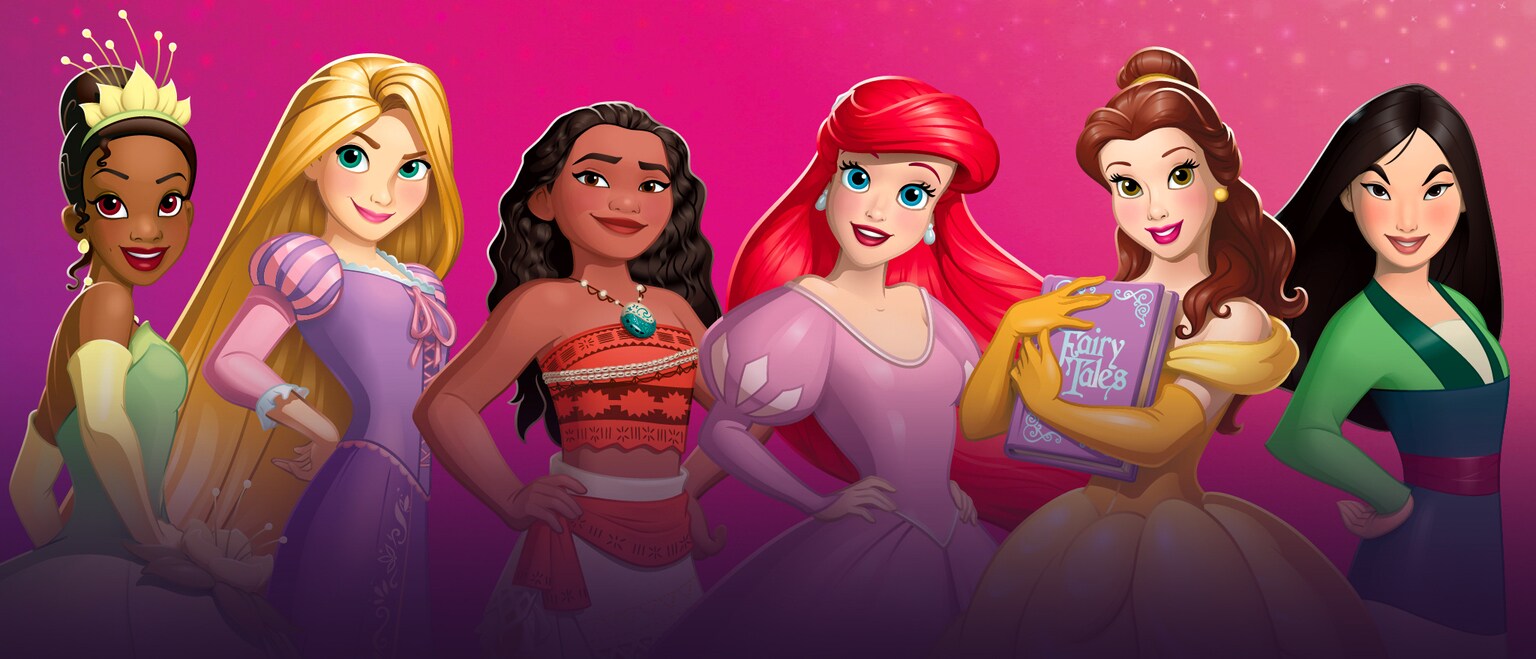 Disney Princesses, included Tiana, Rapunzel, Moana, and Ariel are pictured on a pink background.