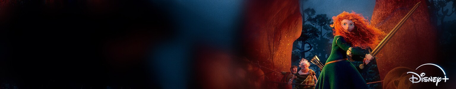 Still image from Brave, of Merida holding a sword in the forest at night.