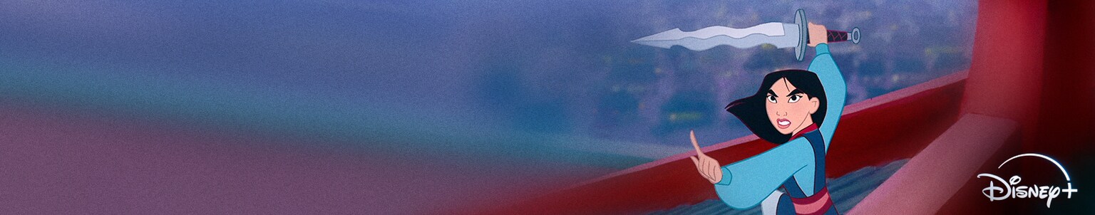 Still image from the animated movie Mulan, of Mulan holding a sword above her head.