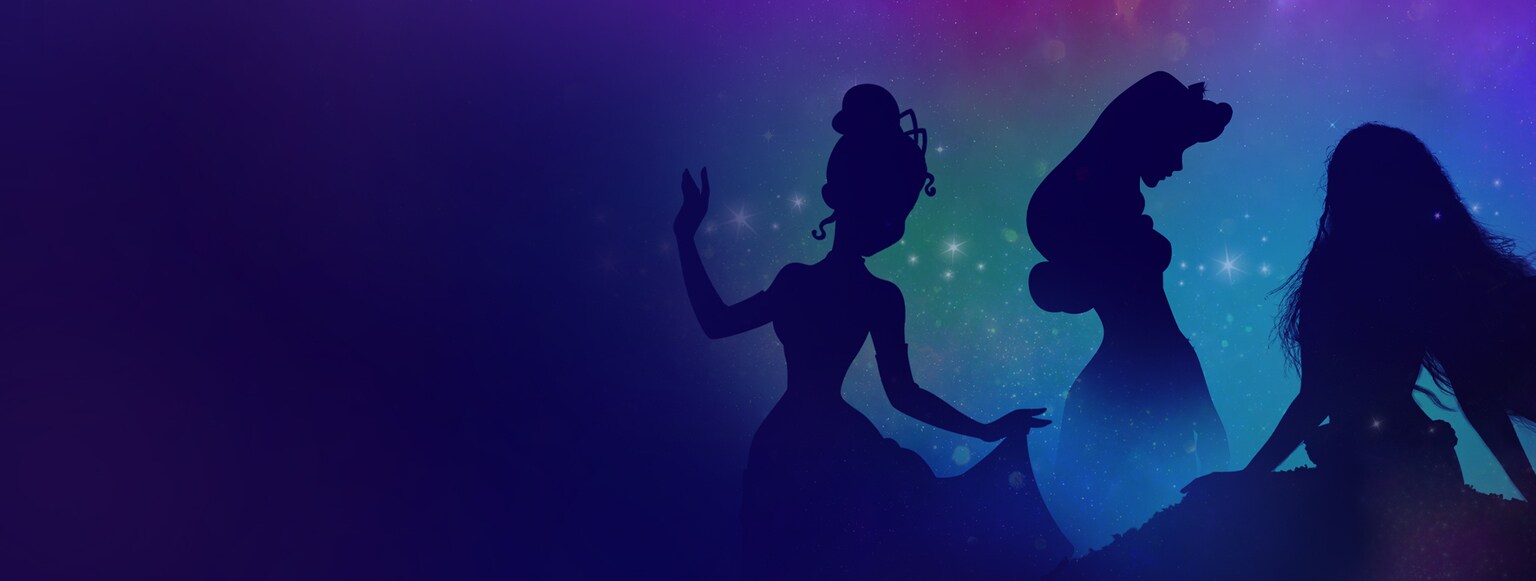 Silhouettes of Tiana, Aurora, and live action Ariel on a colorful background.
