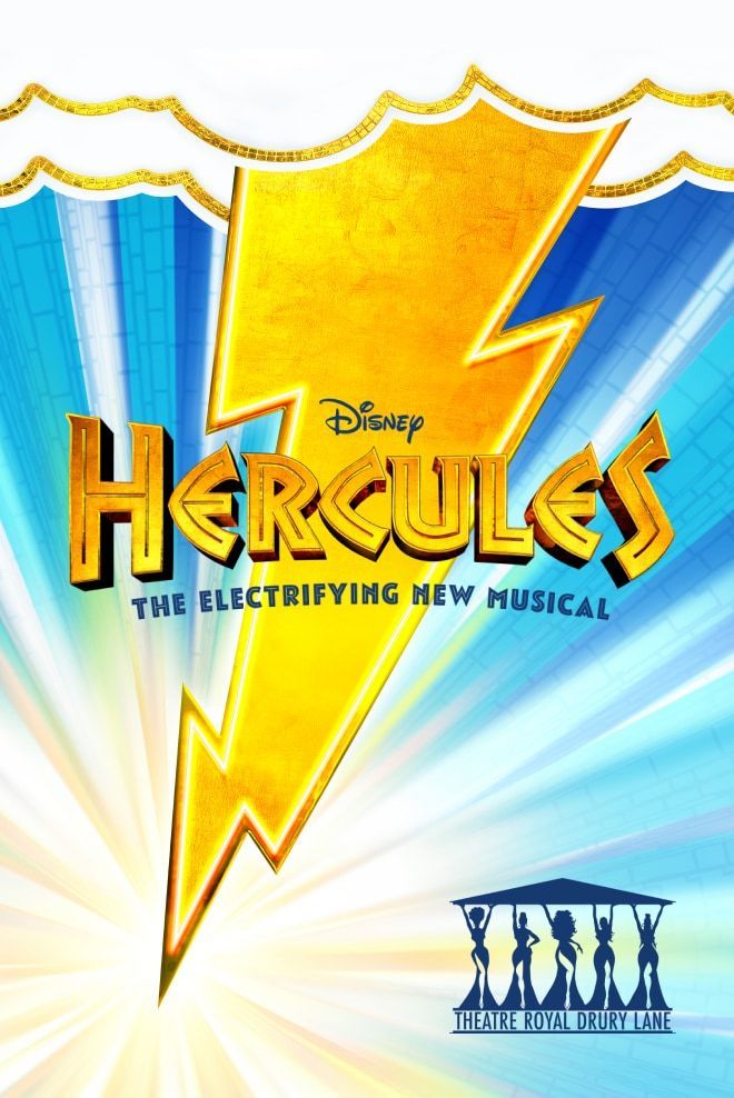 Hercules logo with a yellow lightening bolt going down vertically, on a blue sky background with clouds