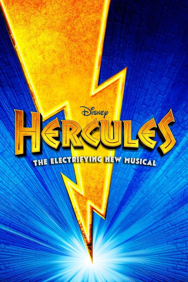 Hercules logo with a yellow lightening bolt going down vertically, on a blue sky background