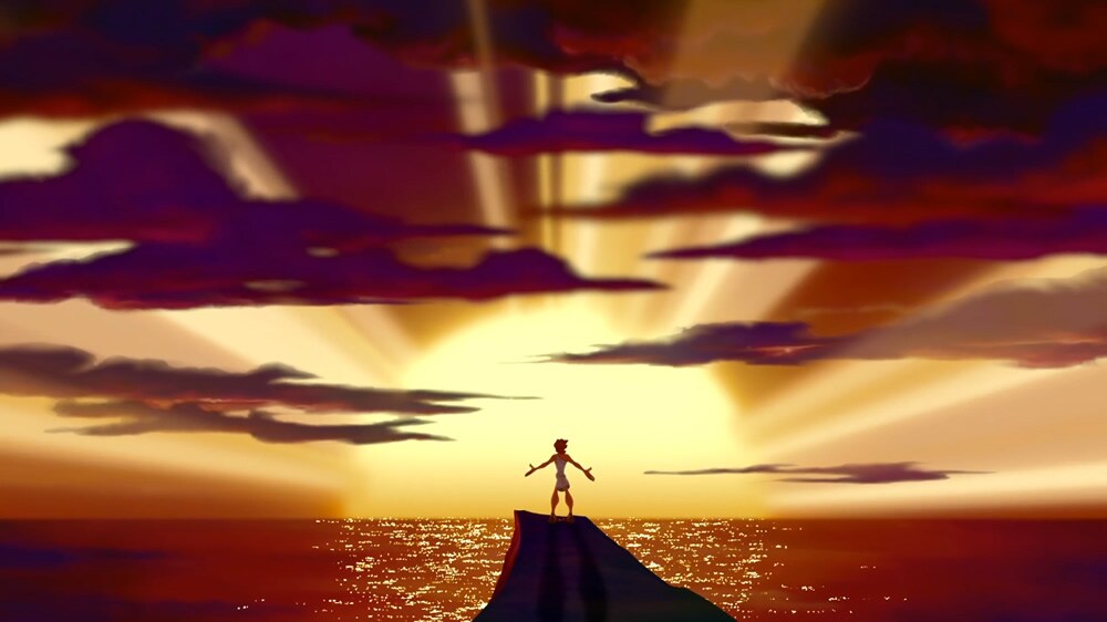 Hercules looking into the sunset in the animated movie "Hercules"