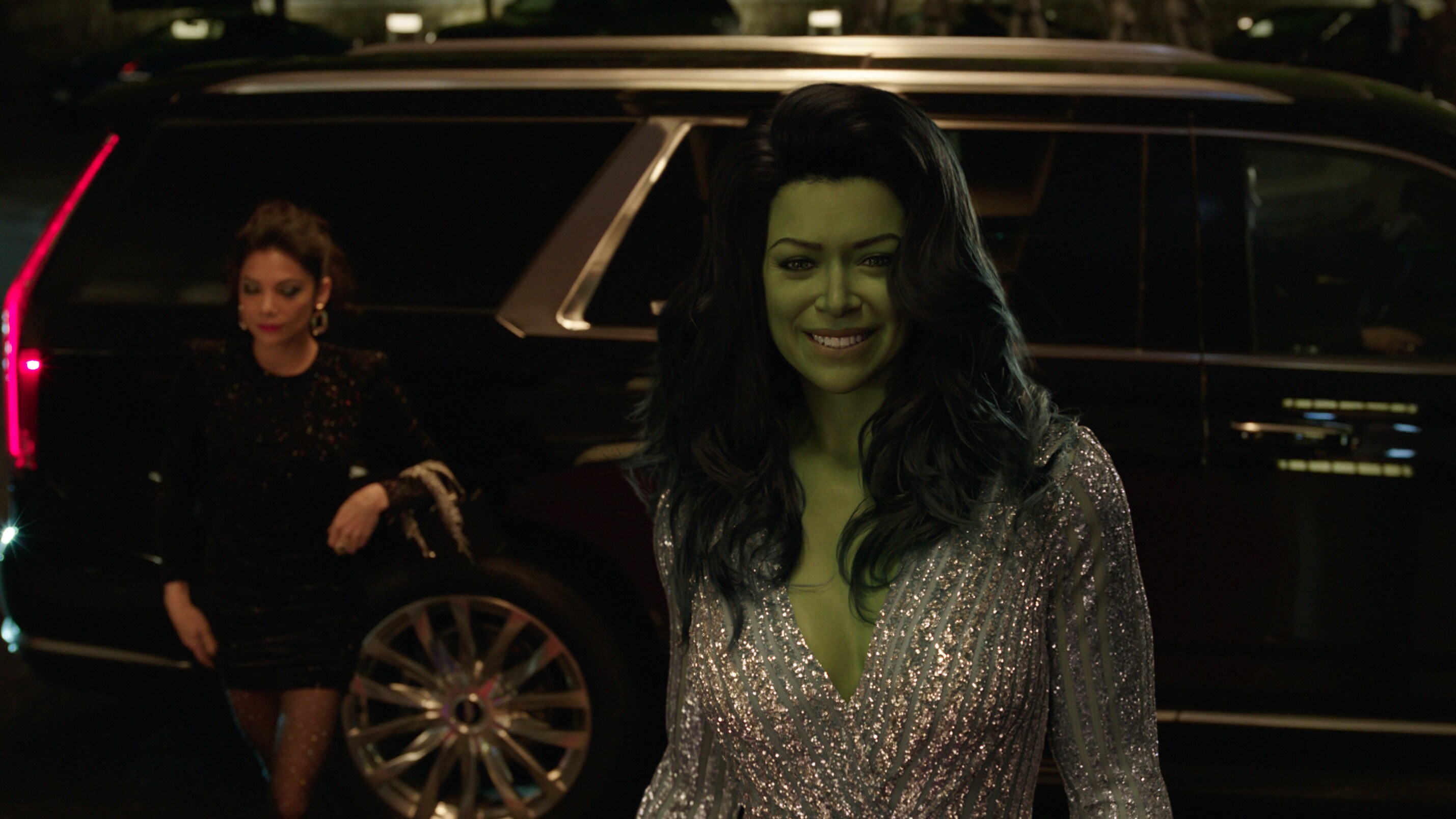 (L-R): Ginger Gonzaga as Nikki Ramos and Tatiana Maslany as Jennifer "Jen" Walters/She-Hulk in Marvel Studios' She-Hulk: Attorney at Law, exclusively on Disney+. Photo courtesy of Marvel Studios. © 2022 MARVEL.
