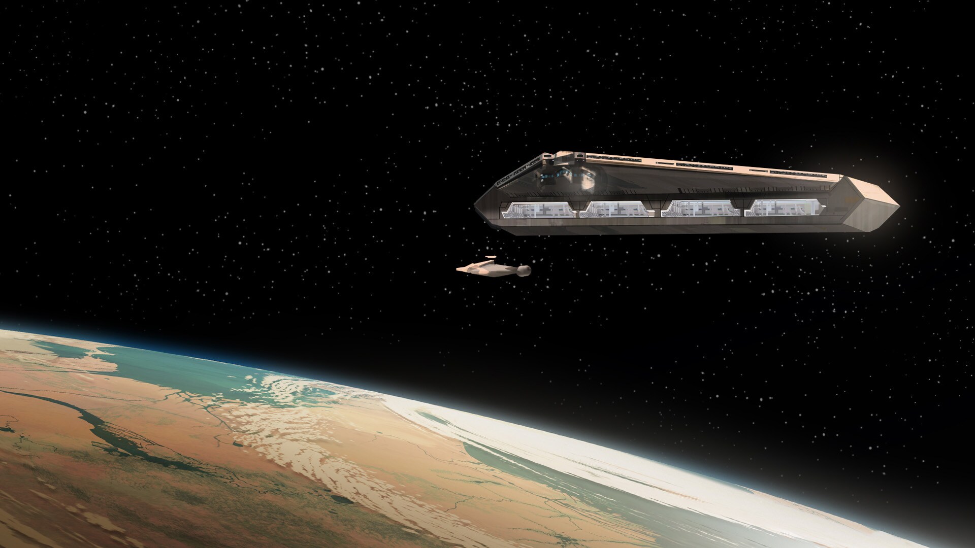 The Ghost approaches the Imperial cruiser, digital lighting concept painting.