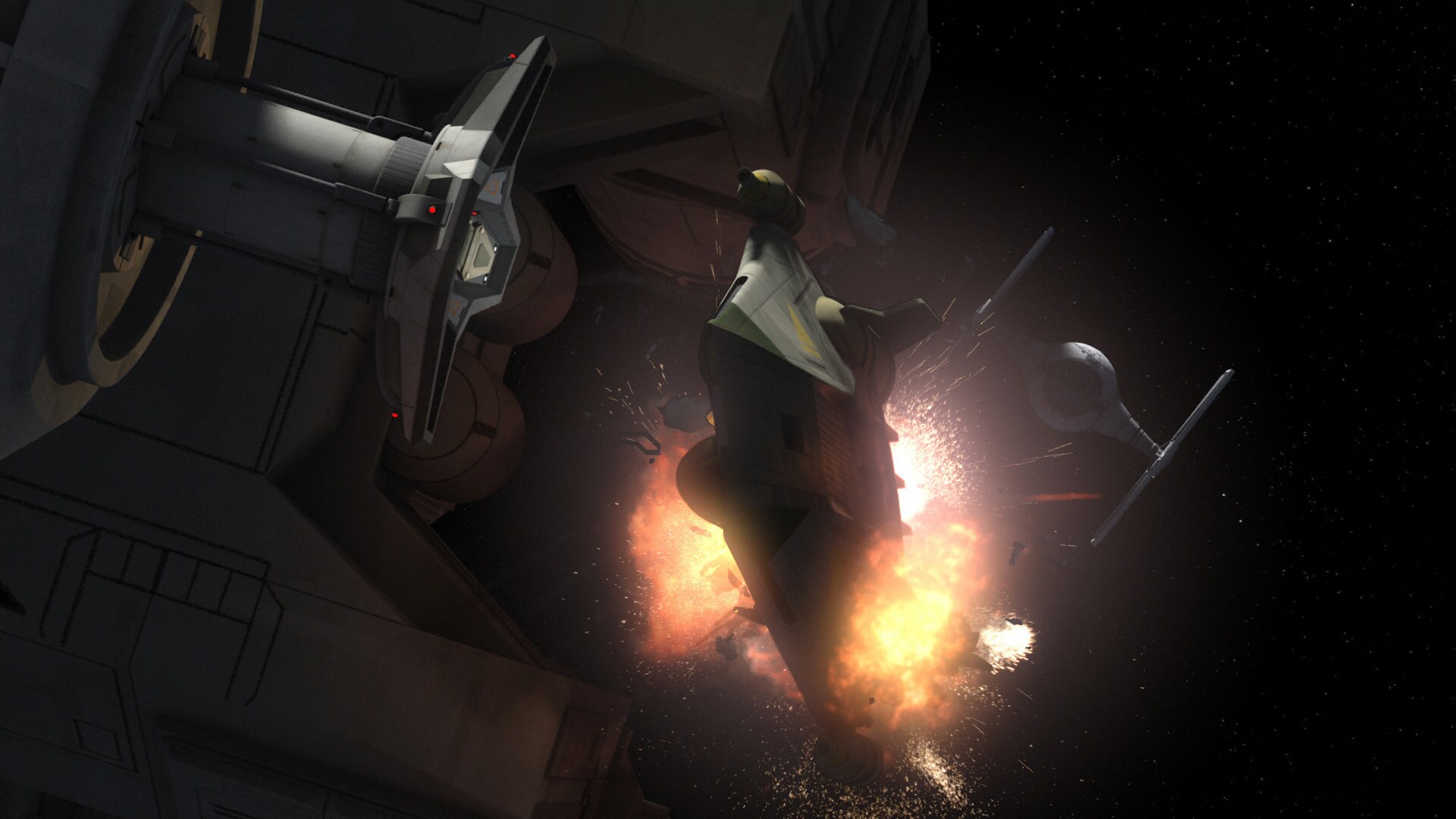 But not all rebel ships were so lucky. TIEs blast an A-wing before it can dock with the command s...