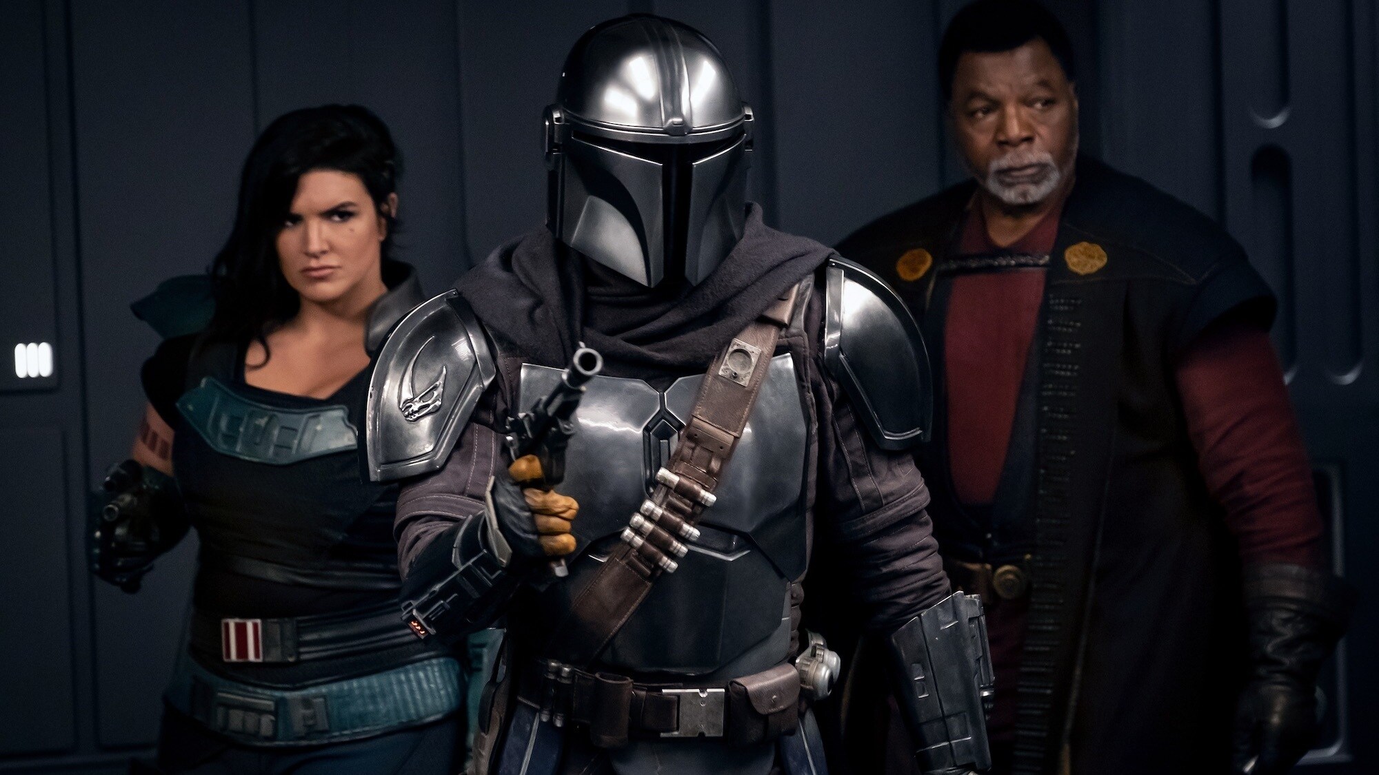 (Left to right) Gina Carano is Cara Dune, Pedro Pascal is the Mandalorian and Carl Weathers is Greef Karga in THE MANDALORIAN, season two, exclusively on Disney+
