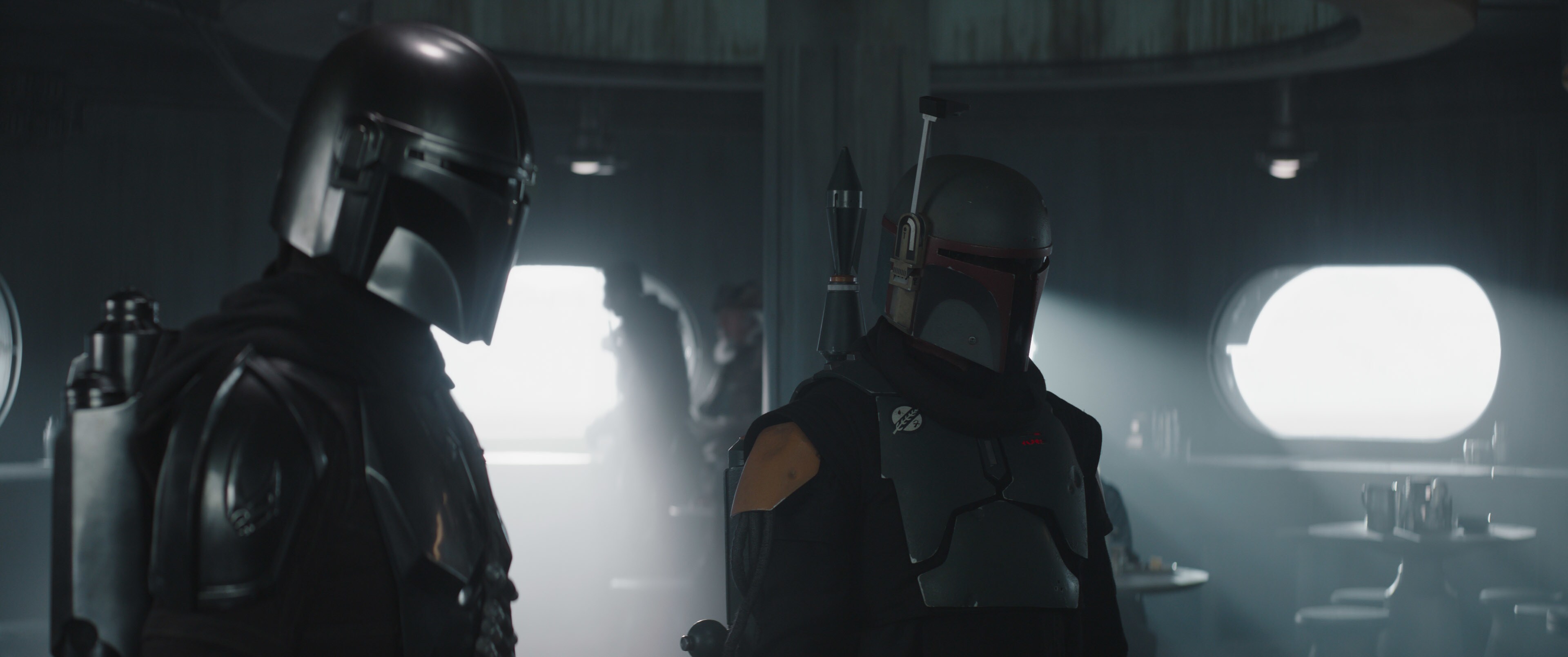 (L-R): The Mandalorian (Pedro Pascal) and Boba Fett (Temuera Morrison) in Lucasfilm's THE MANDALORIAN, season two, exclusively on Disney+. © 2020 Lucasfilm Ltd. & ™. All Rights Reserved.