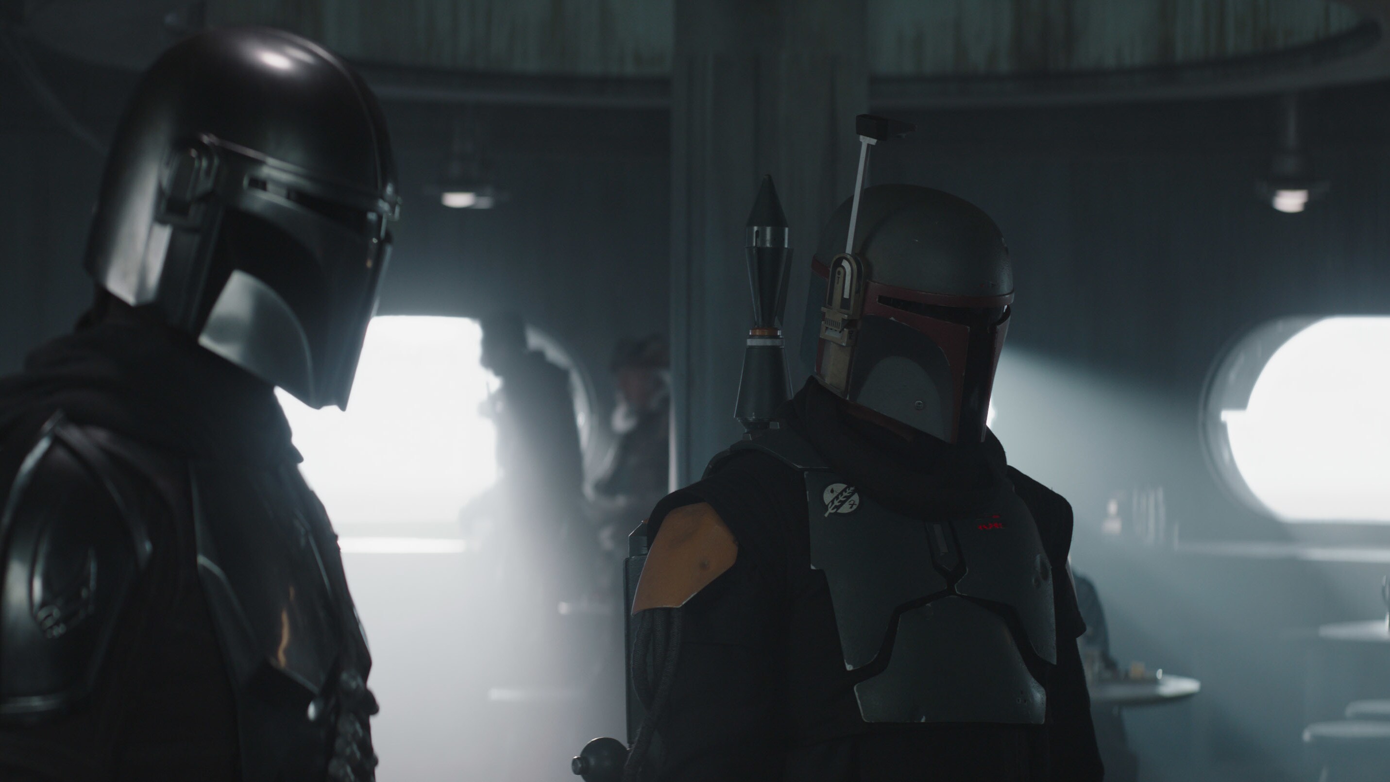 (L-R): The Mandalorian (Pedro Pascal) and Boba Fett (Temuera Morrison) in Lucasfilm's THE MANDALORIAN, season two, exclusively on Disney+. © 2020 Lucasfilm Ltd. & ™. All Rights Reserved.