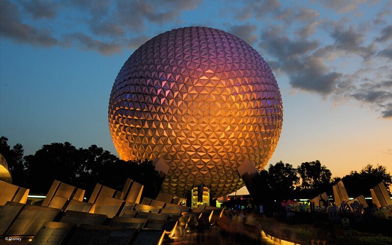 Spaceship Earth during sunset at the Walt Disney World resort