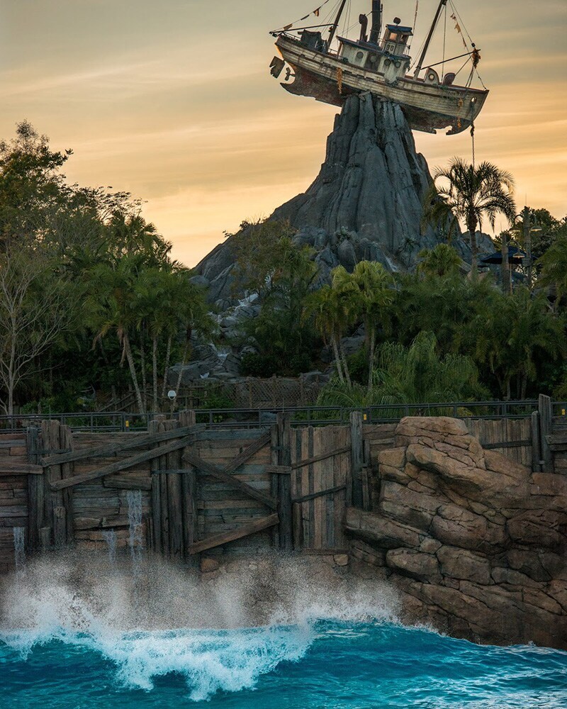 Typhoon Lagoon during sunset; with the boat "Miss Tilly" impaled in mt. Mayday